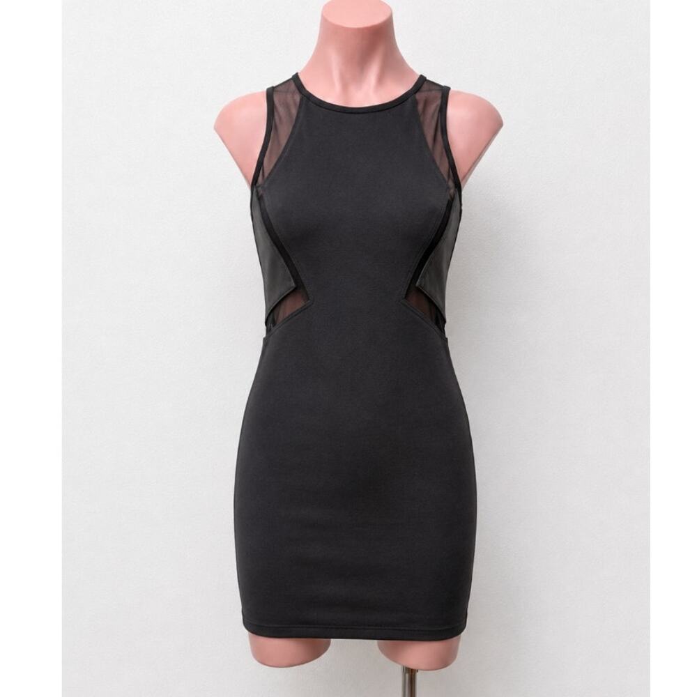 ANGL Black Stretch Faux Leather Mesh Cutouts High Neck Sleeveless Dress M